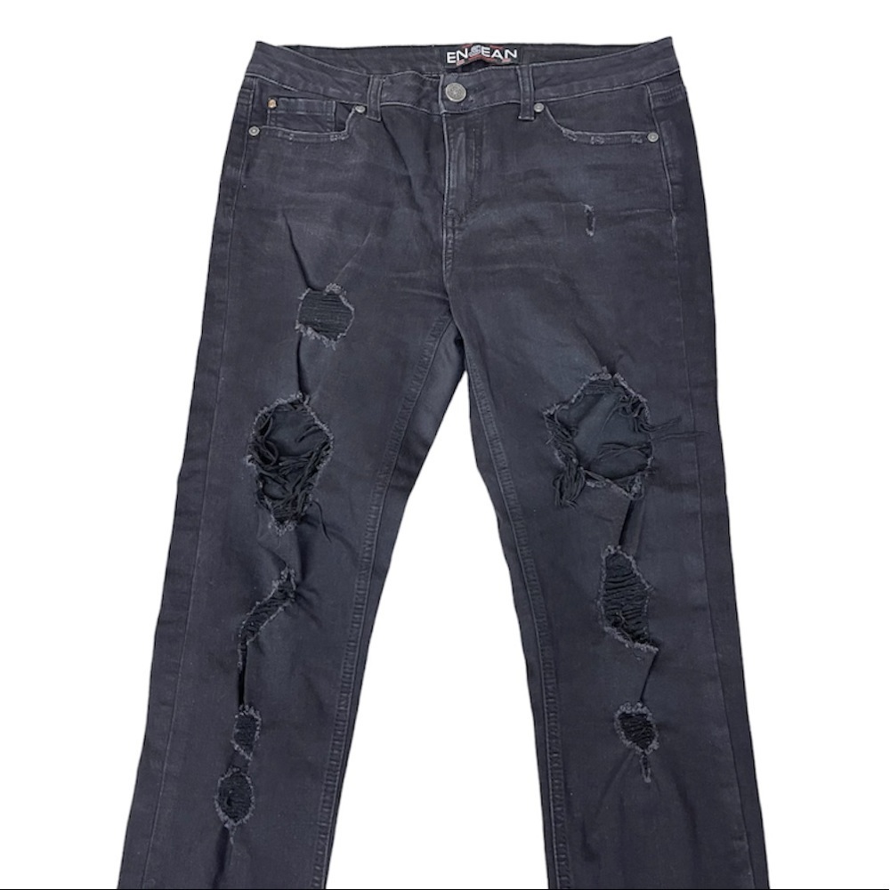 Enjean Women Black Destroyed Cuffed Ankle Jeans Black Sz 11 EUC